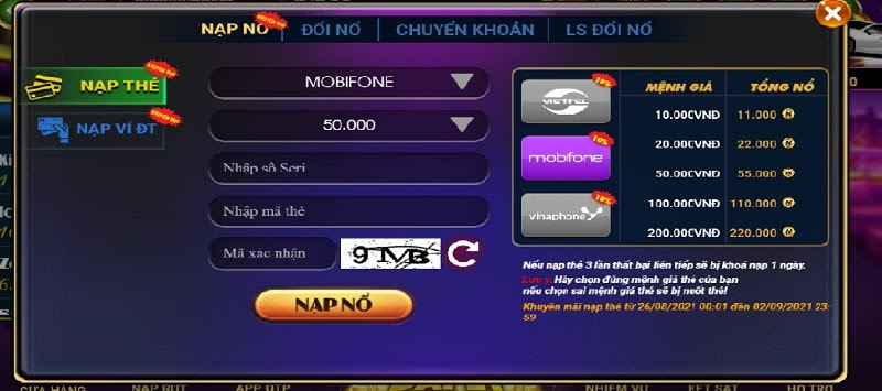 Nohu Club - Nạp tiền đơn giản với thẻ cào điện thoại