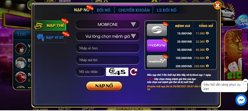 Hình thức nạp thẻ tại cổng game bài đổi thưởng Nohu888